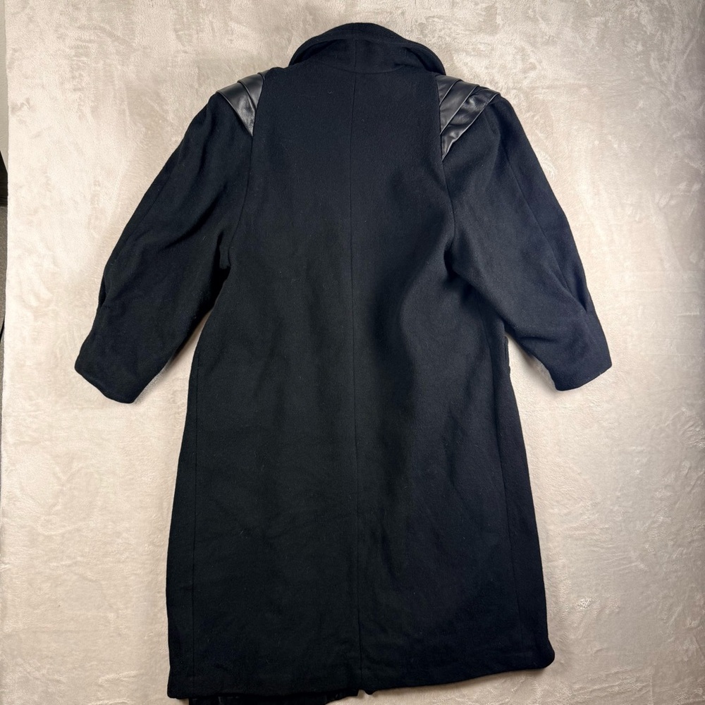 Vintage Jofeld Black Wool Blend Long Coat Leather Shoulder Detail USA Size S - Picture 2 of 12